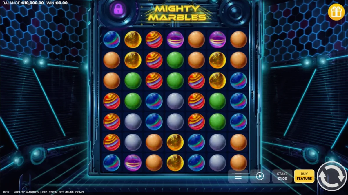 Tampilan visual slot Mighty Marbles dengan tema kosmik neon