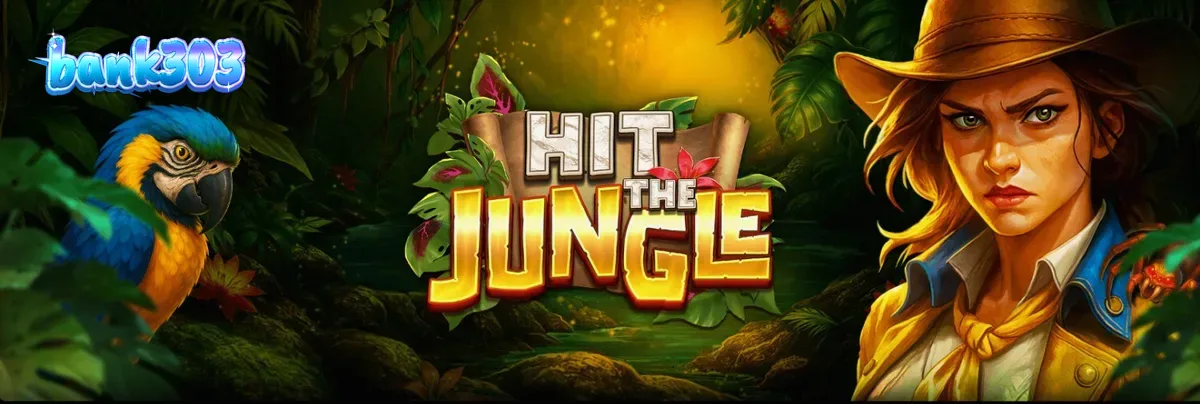 Pemandangan hutan lebat dengan gulungan slot Hit the Jungle yang menampilkan simbol hewan eksotis.
